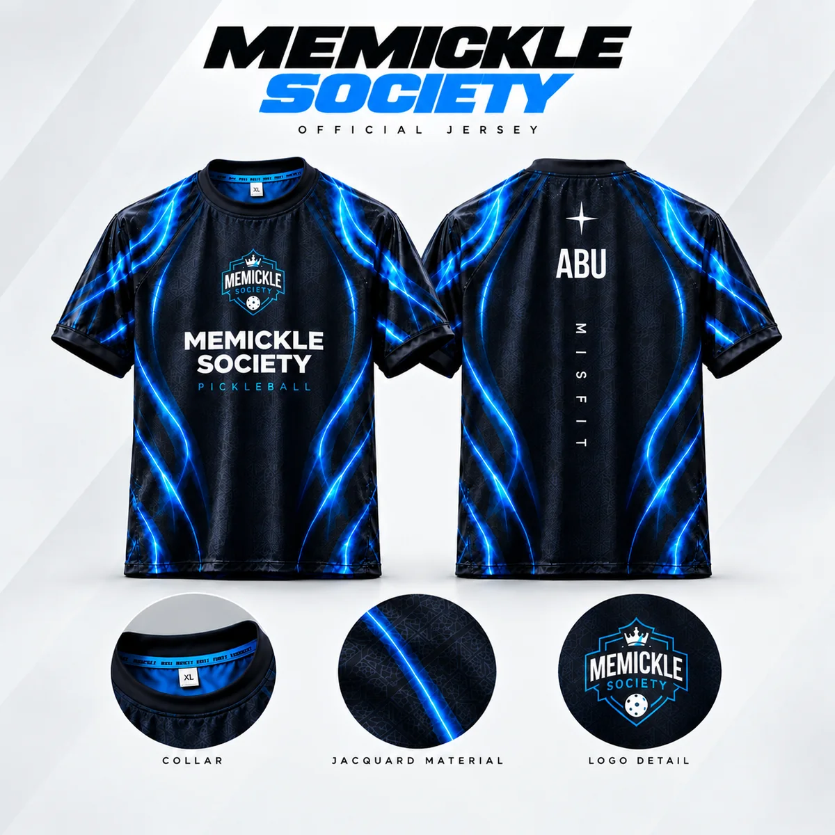 Memickle Society official jersey, front and back: black with electric-blue lines and the club crest